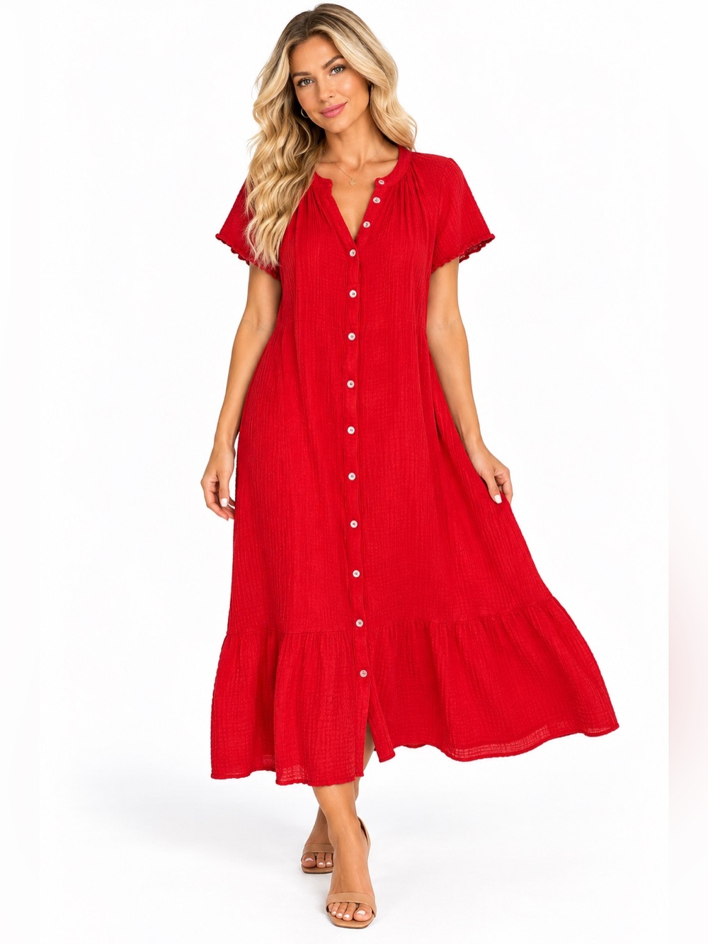 Mable Size Medium Button-Front Red Midi Dress - Lightweight Summer Style